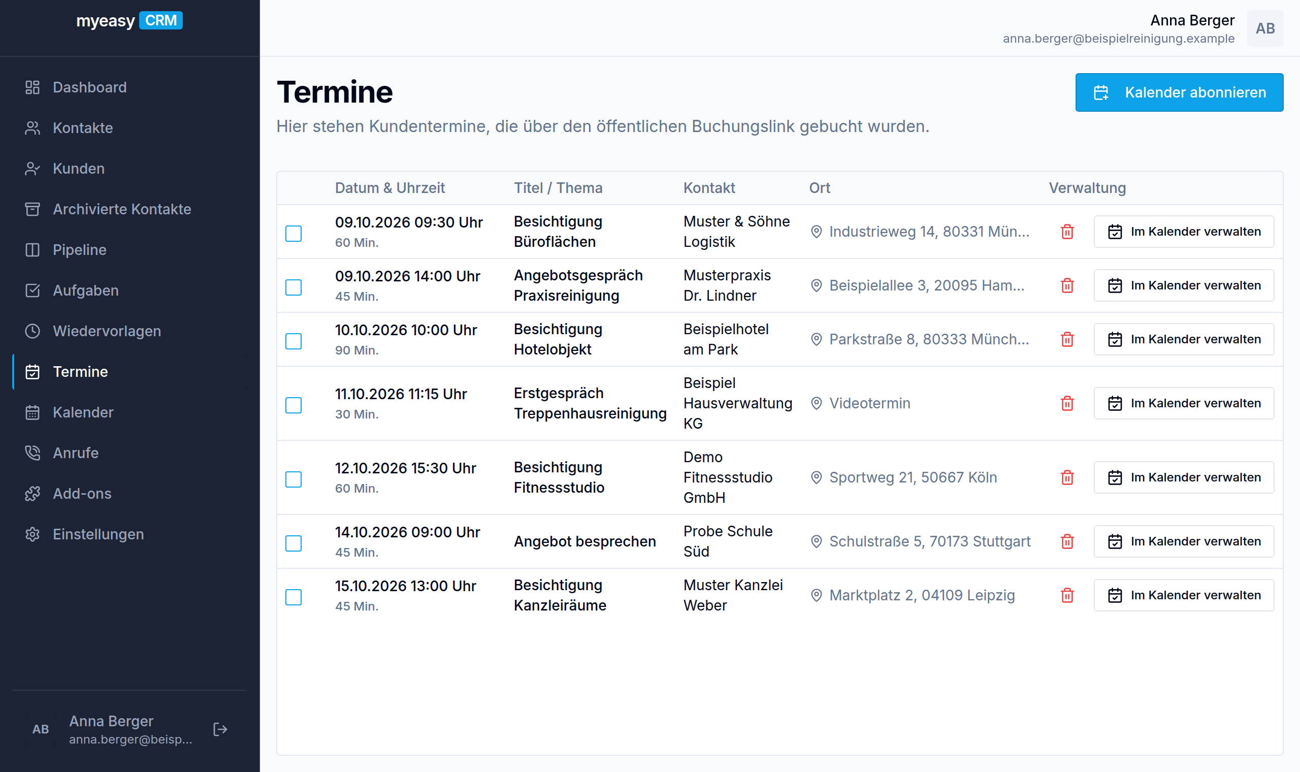 Kundentermine mit Uhrzeit, Ansprechpartner und Kalenderverwaltung