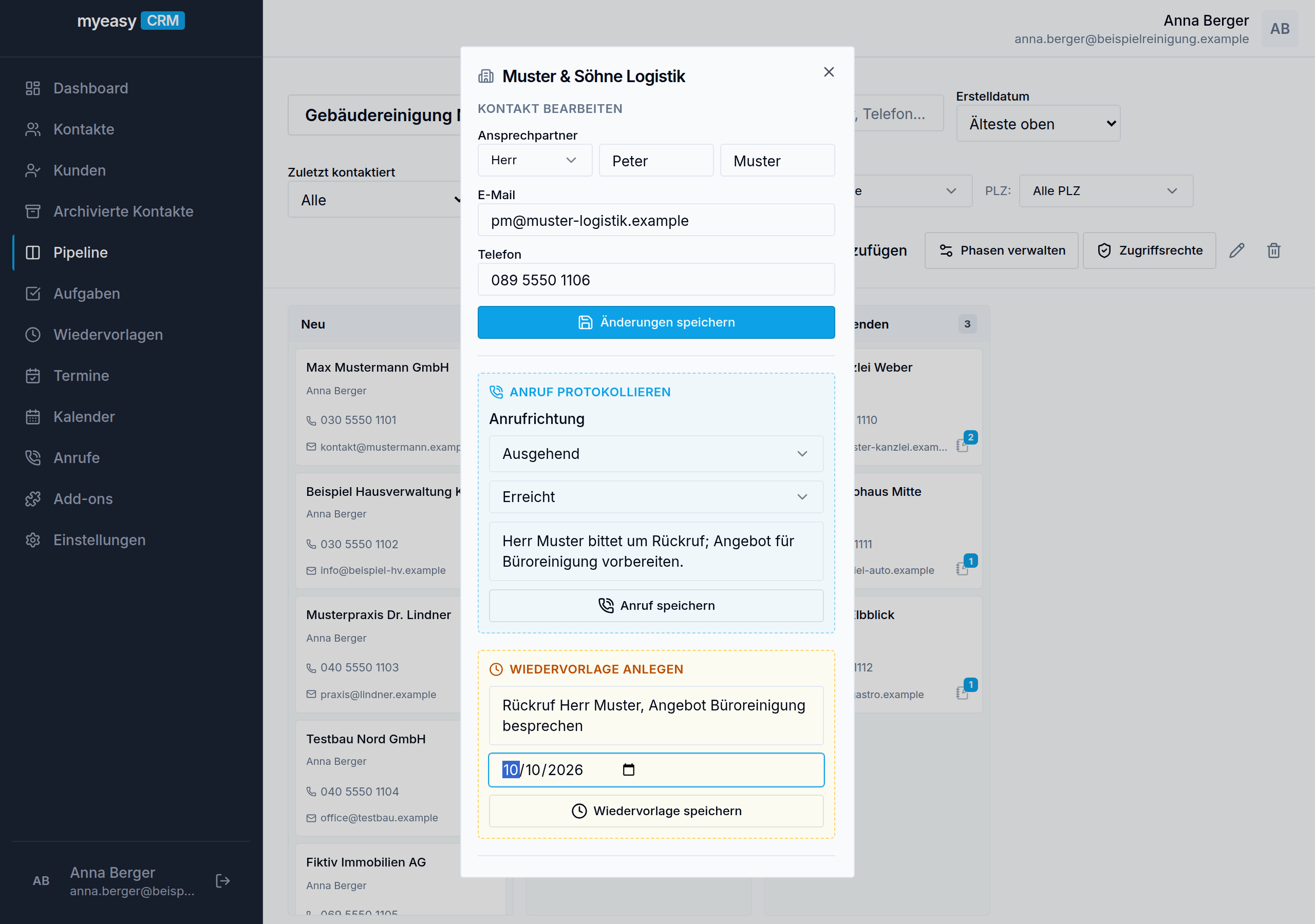 Kontaktansicht mit Gesprächsnotiz und Wiedervorlage