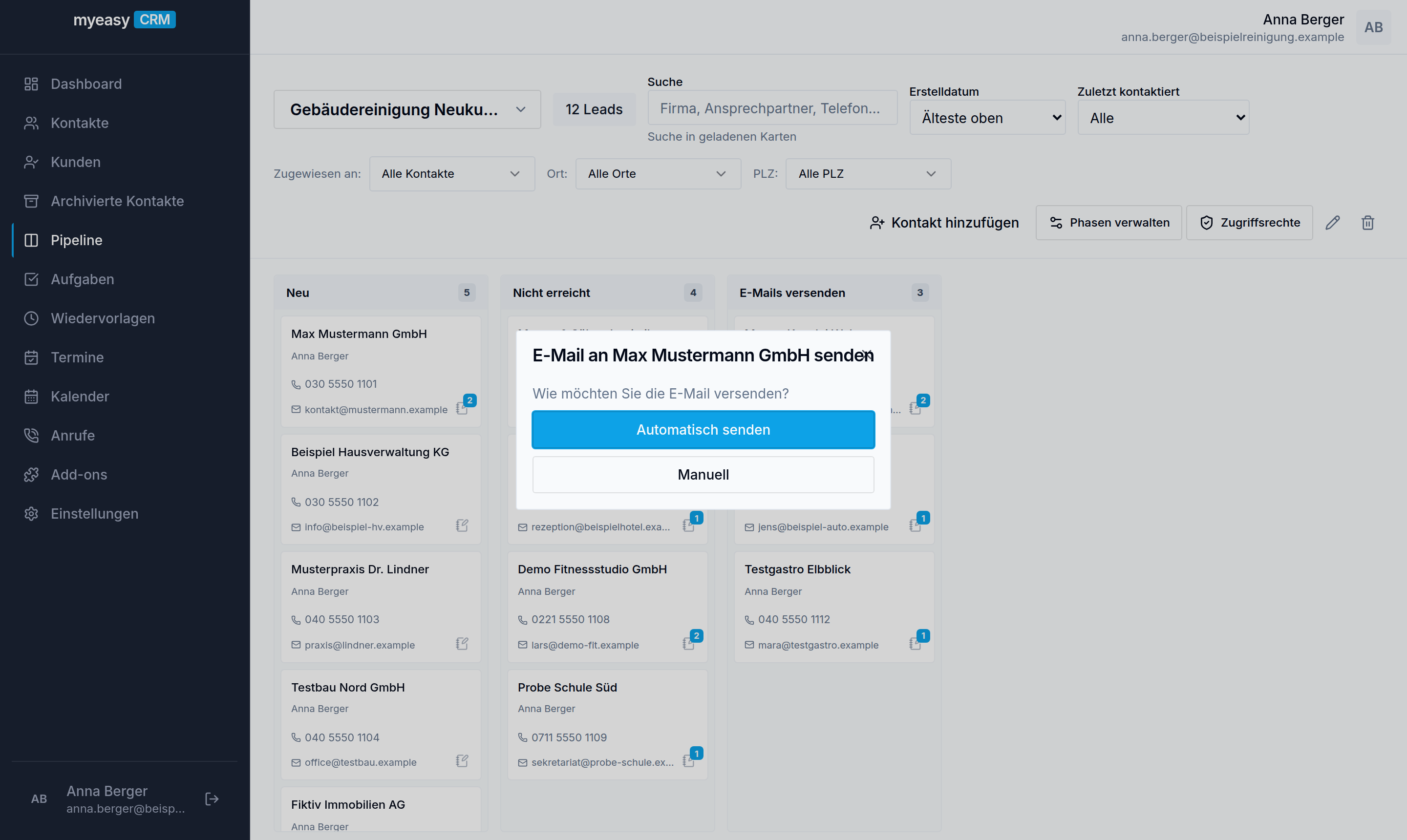 Kontakte in der Pipeline und E-Mail-Versand direkt beim Kontakt