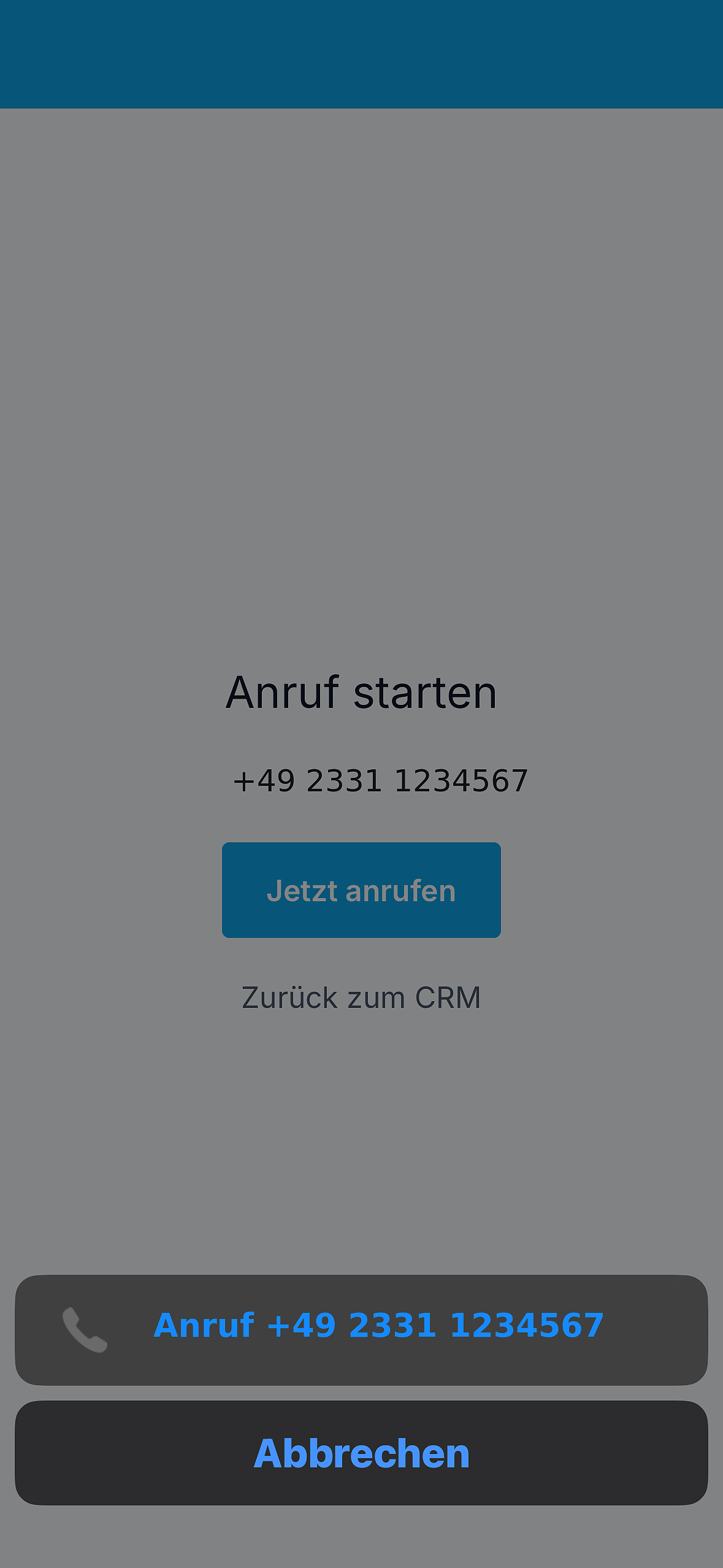 Vollständiger iPhone-Screenshot zum Anrufstart mit der Beispielnummer +49 2331 1234567