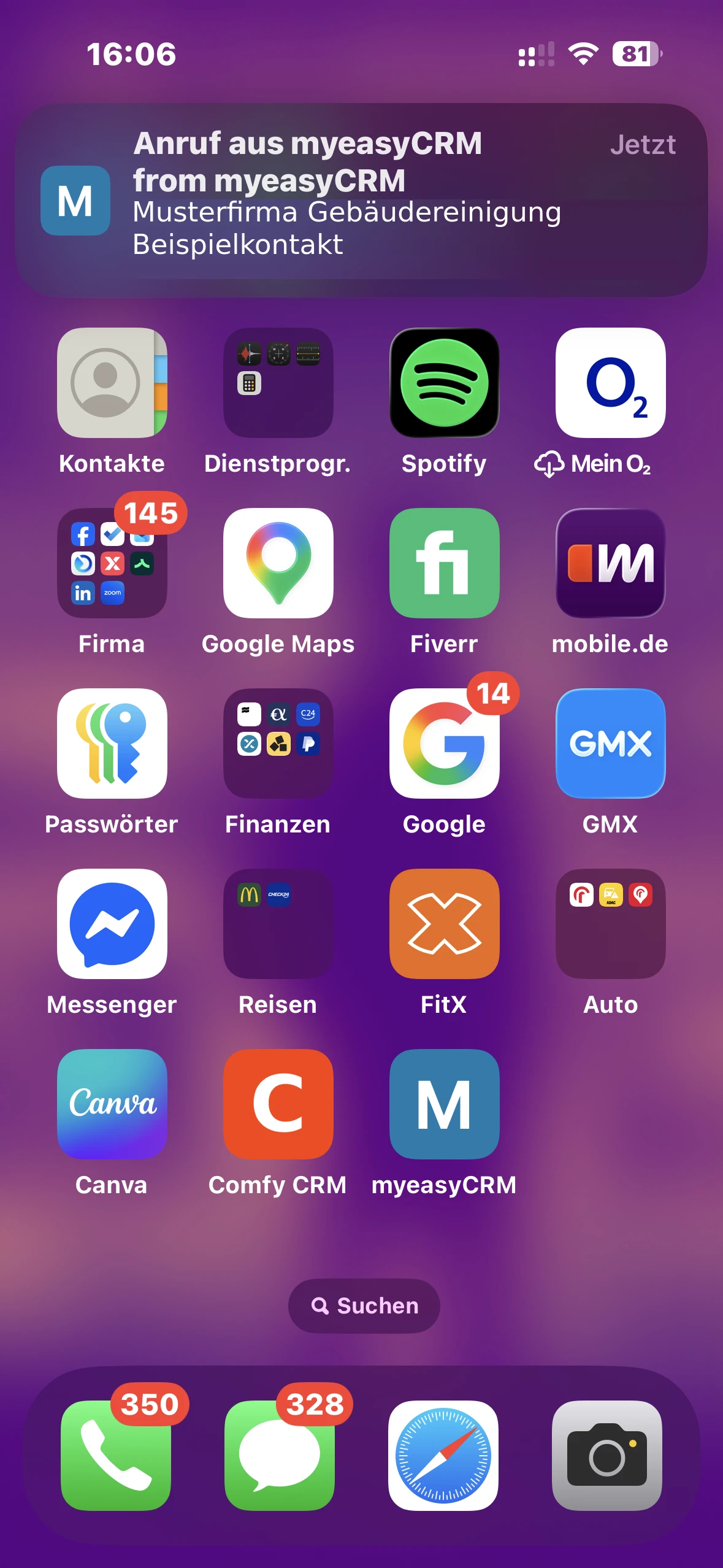 Handy-Push von myeasyCRM mit anonymisiertem Beispielkontakt