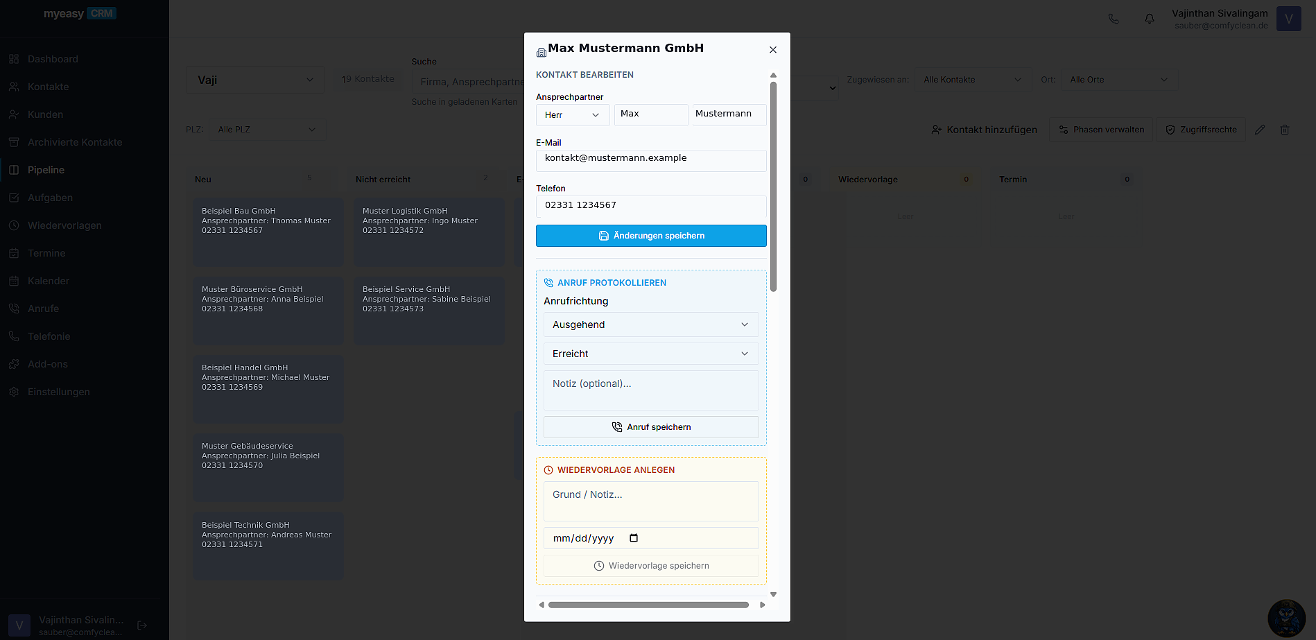 Vollständige CRM-Ansicht mit Kontaktliste und Kontaktfenster, Anrufprotokoll und Wiedervorlage für Max Mustermann GmbH