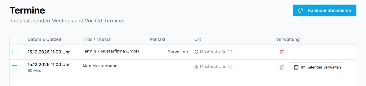 Terminübersicht mit anonymisierten Beispielnamen und Adressen
